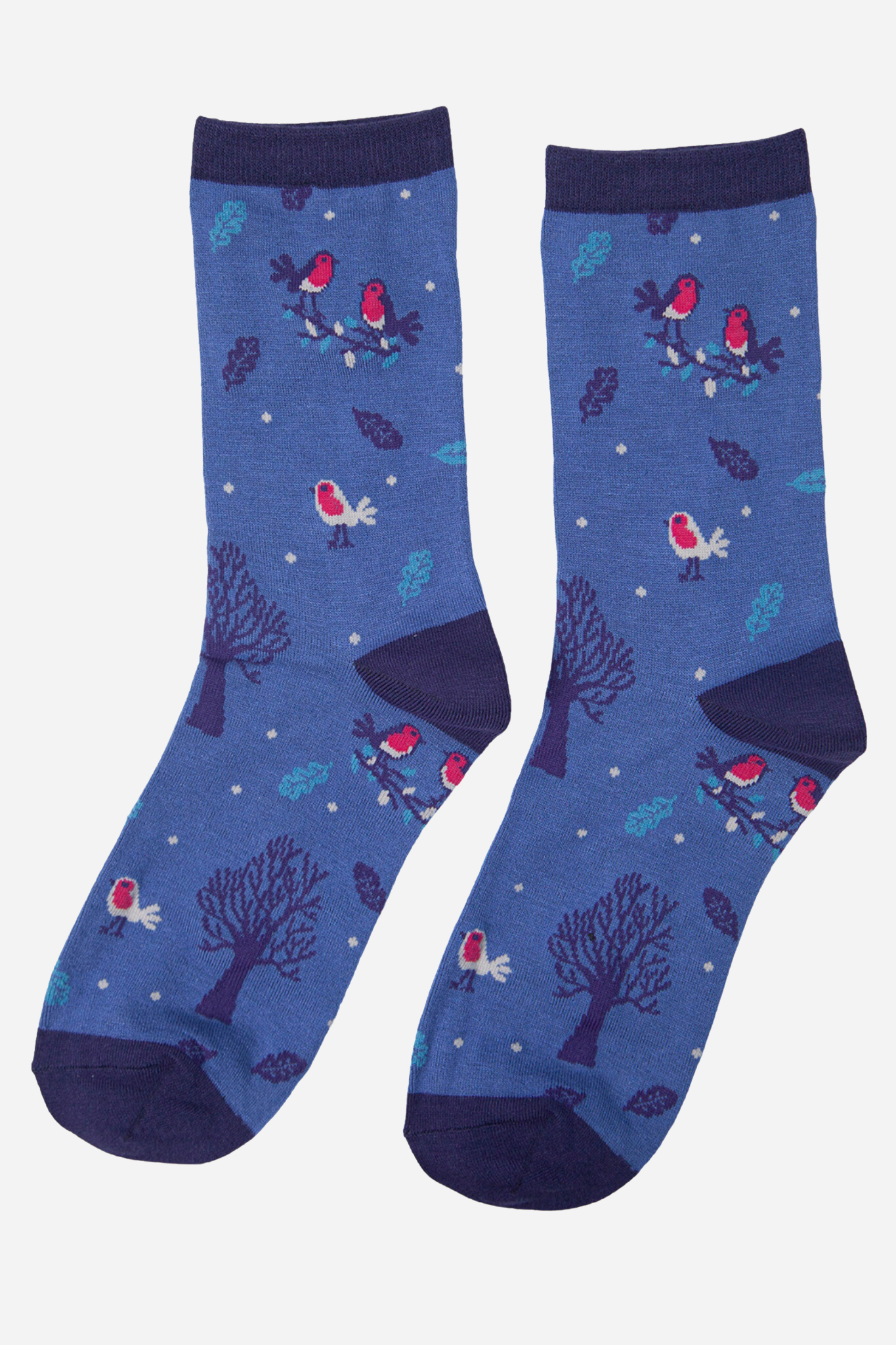Women's Bamboo Novelty Socks Robin Birds Trees Blue
