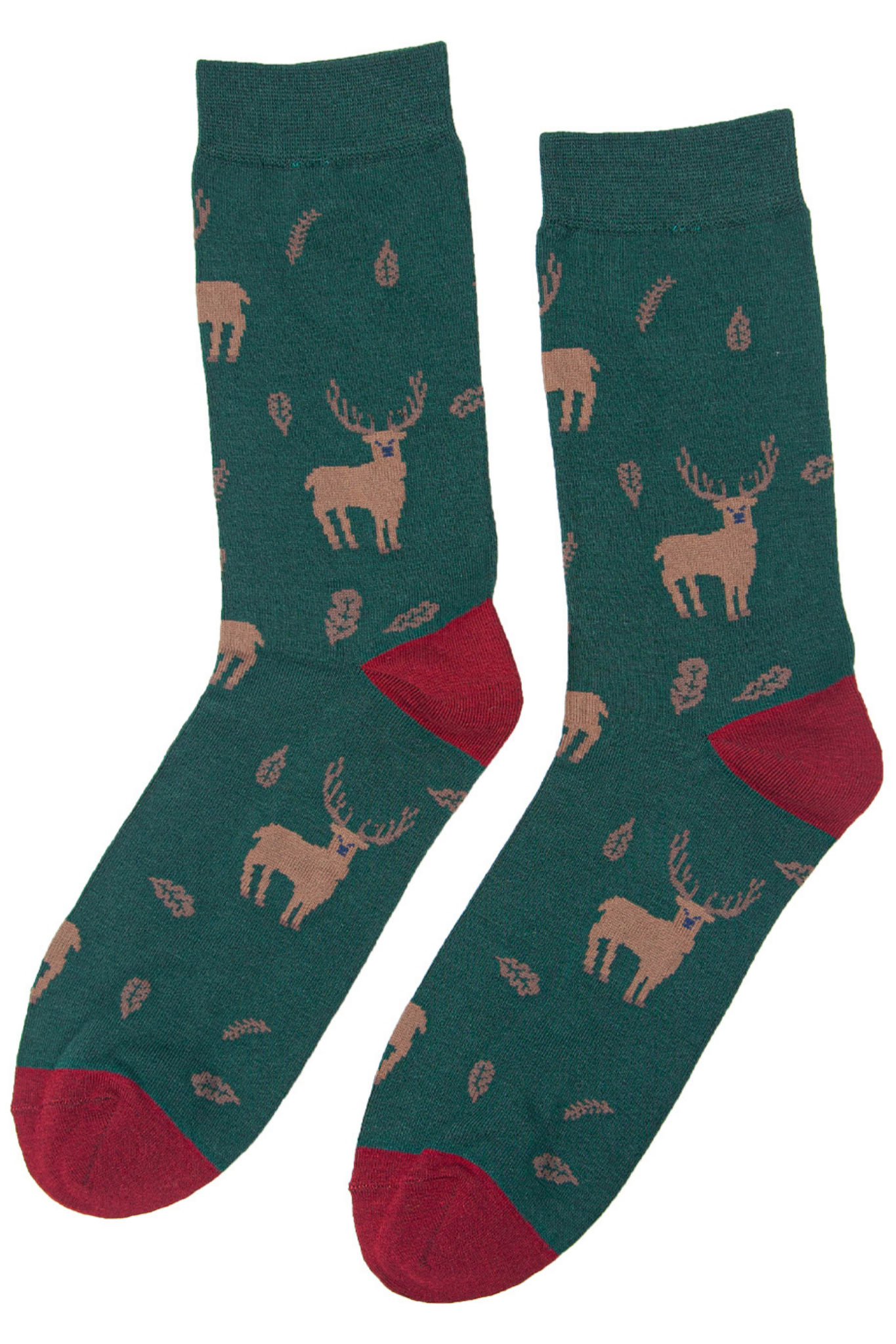 green socsk with red toe and heel, all over stag pattern