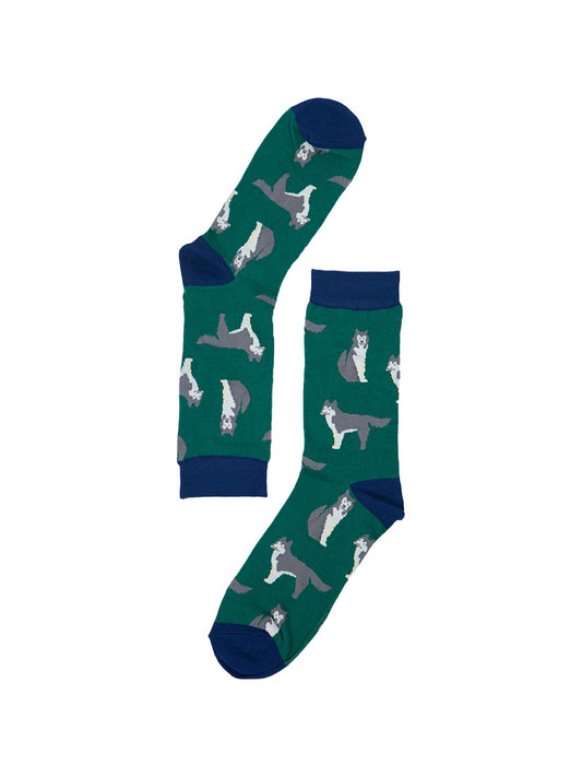 green bamboo dress socks with siberian husky dogs
