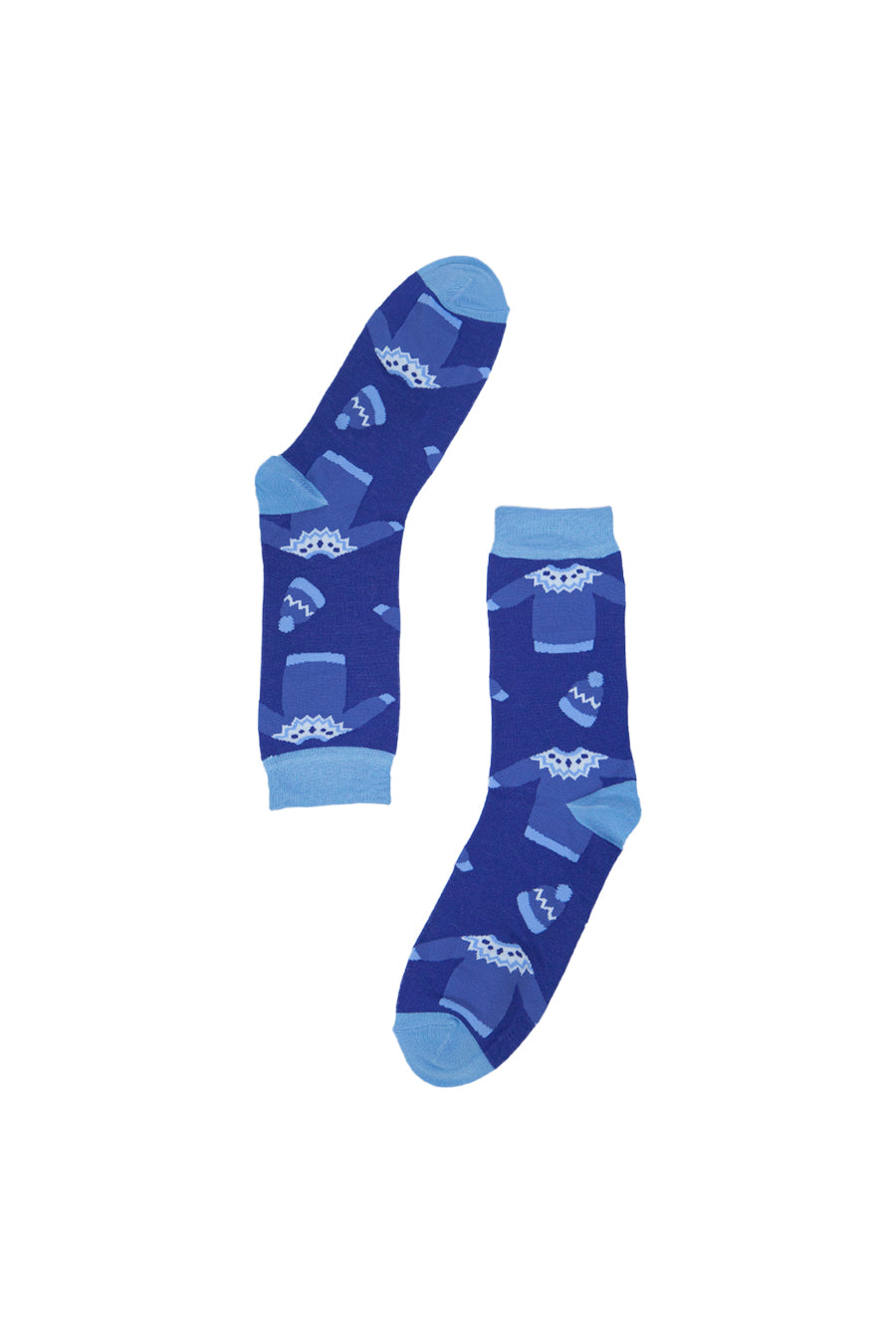 blue socks with a christmas sweater patterns