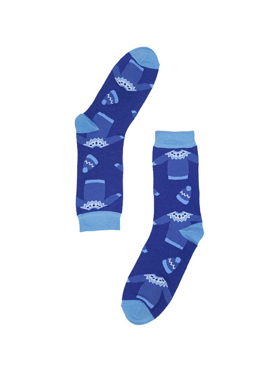 blue socks with a christmas sweater patterns