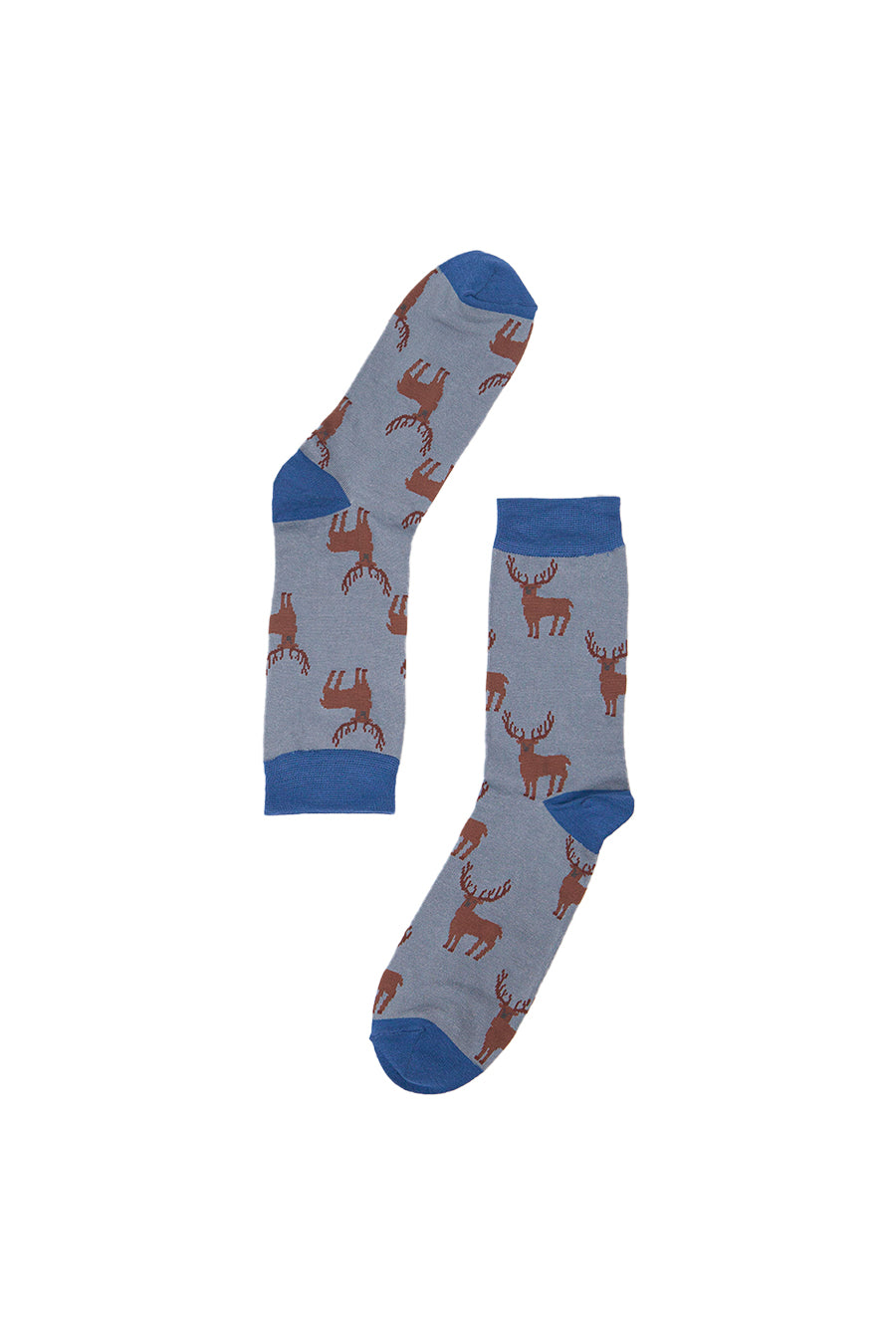 grey and blue socks with an all over stag print