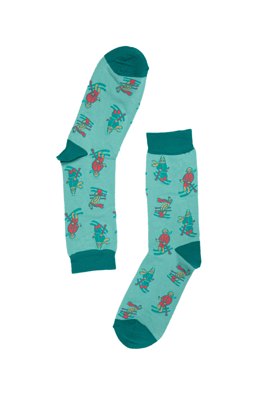 green bamboo socks with skiers on them
