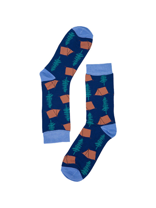 close up of the campsite pattern on the blue socks