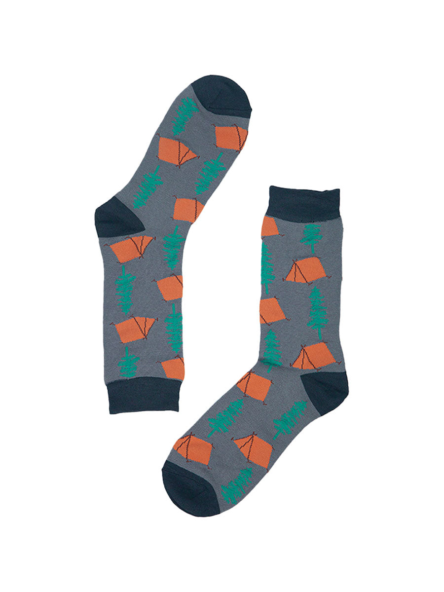 men's bamboo camping socks featuring tents, trees and campfires