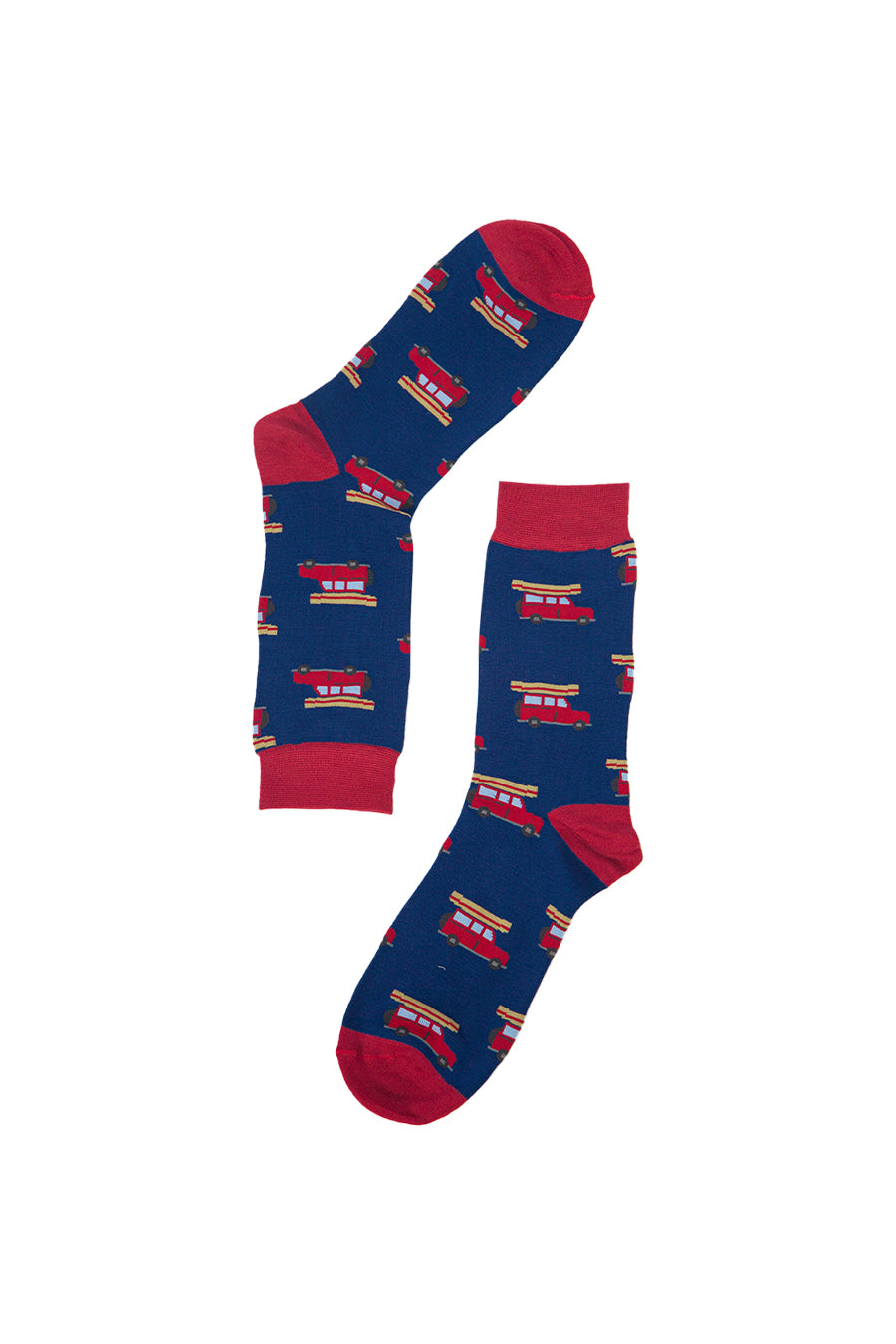 red and blue socks with a red van print