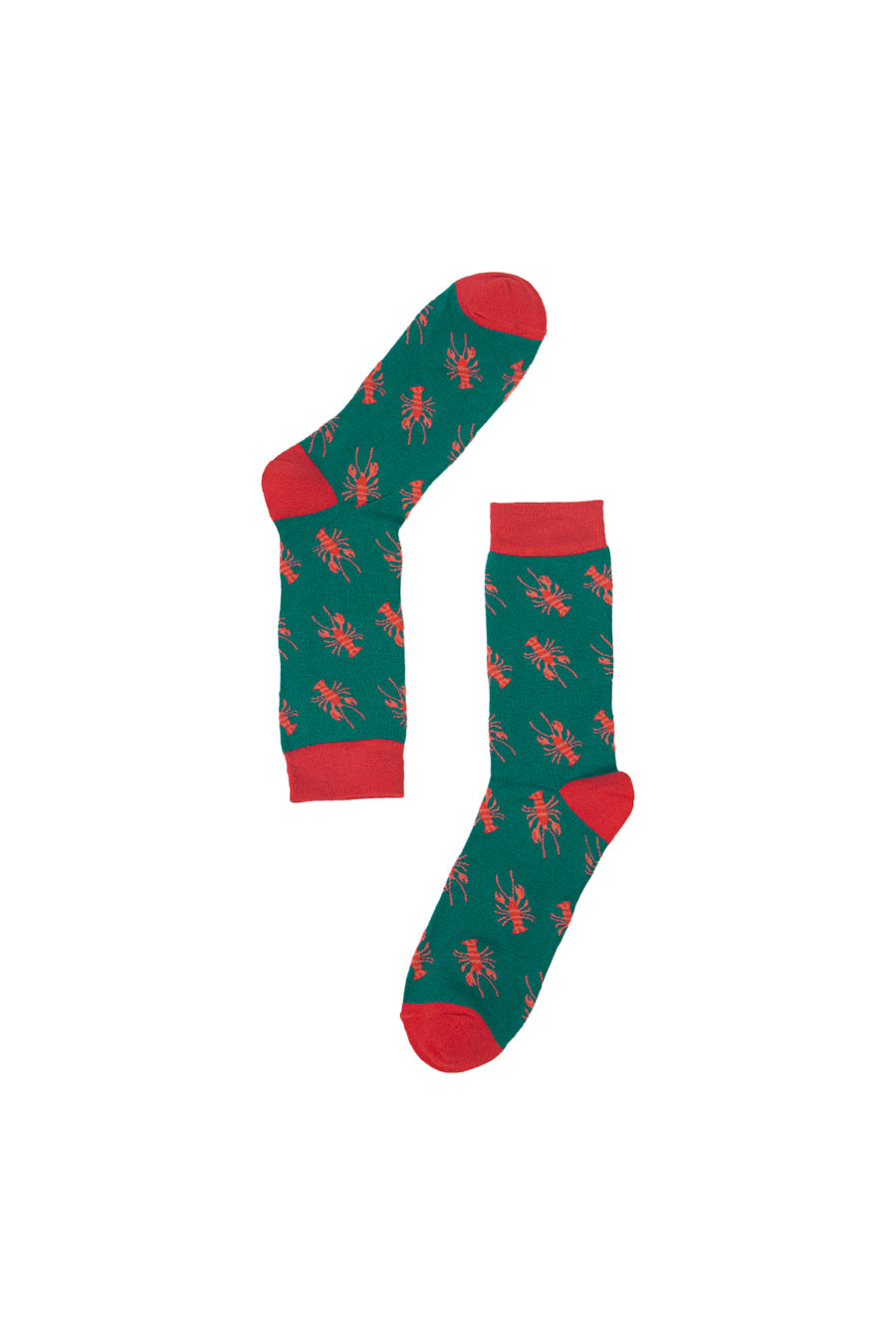 green bamboo socks with red lobsters on them