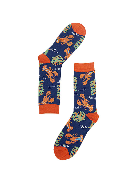 navy blue socks with orange lobsters and green seaweed, showing lobsters in their natural environment