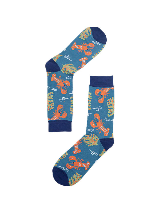 blue bamboo socks with lobsters and seaweed