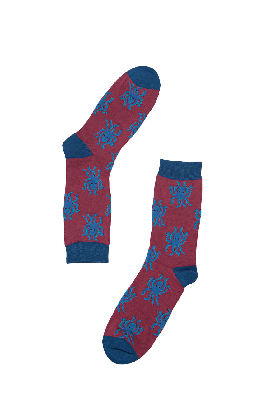 octopus dress socks in burgundy and blue