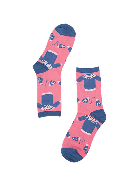 pink and blue ankle socks with Christmas sweaters and winter gloves on them