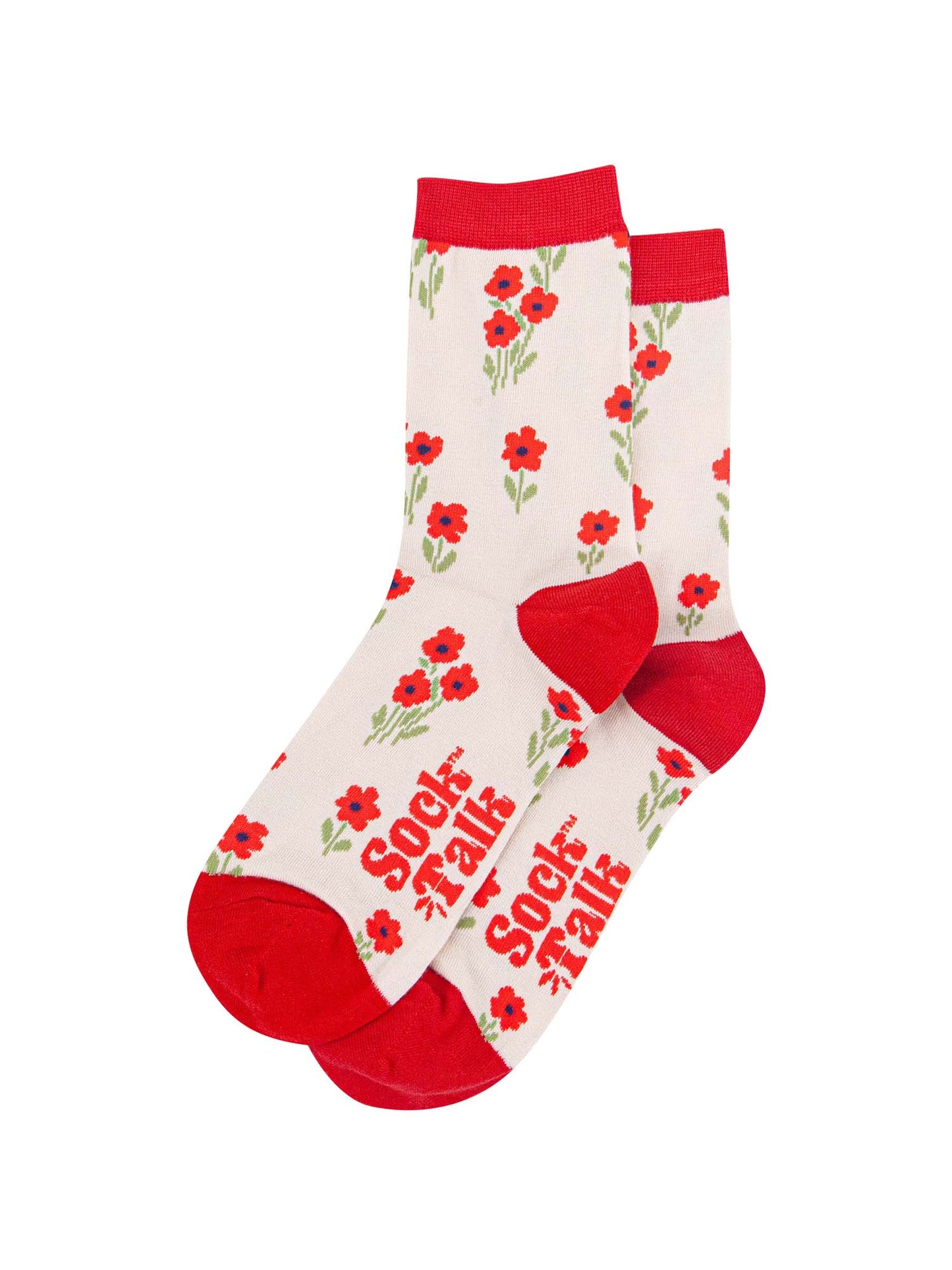 cream socks with a ditsy red wildflower print