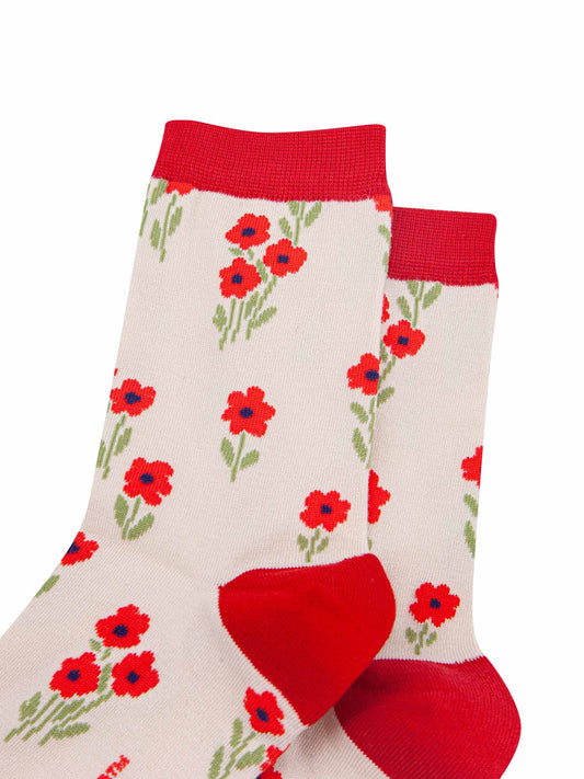 cream socks with a ditsy red wildflower print
