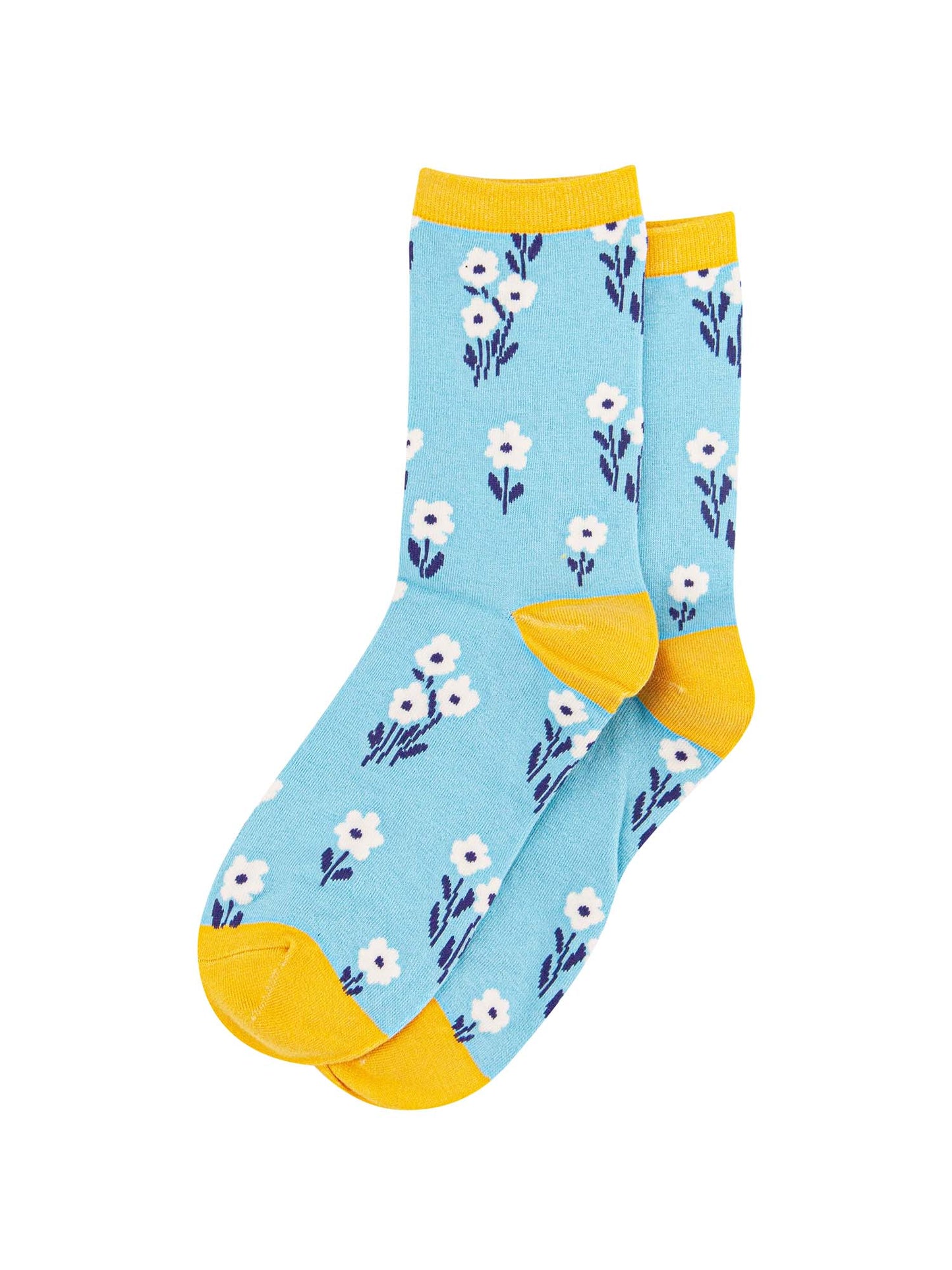 blue, yellow ankle socks with white flowers