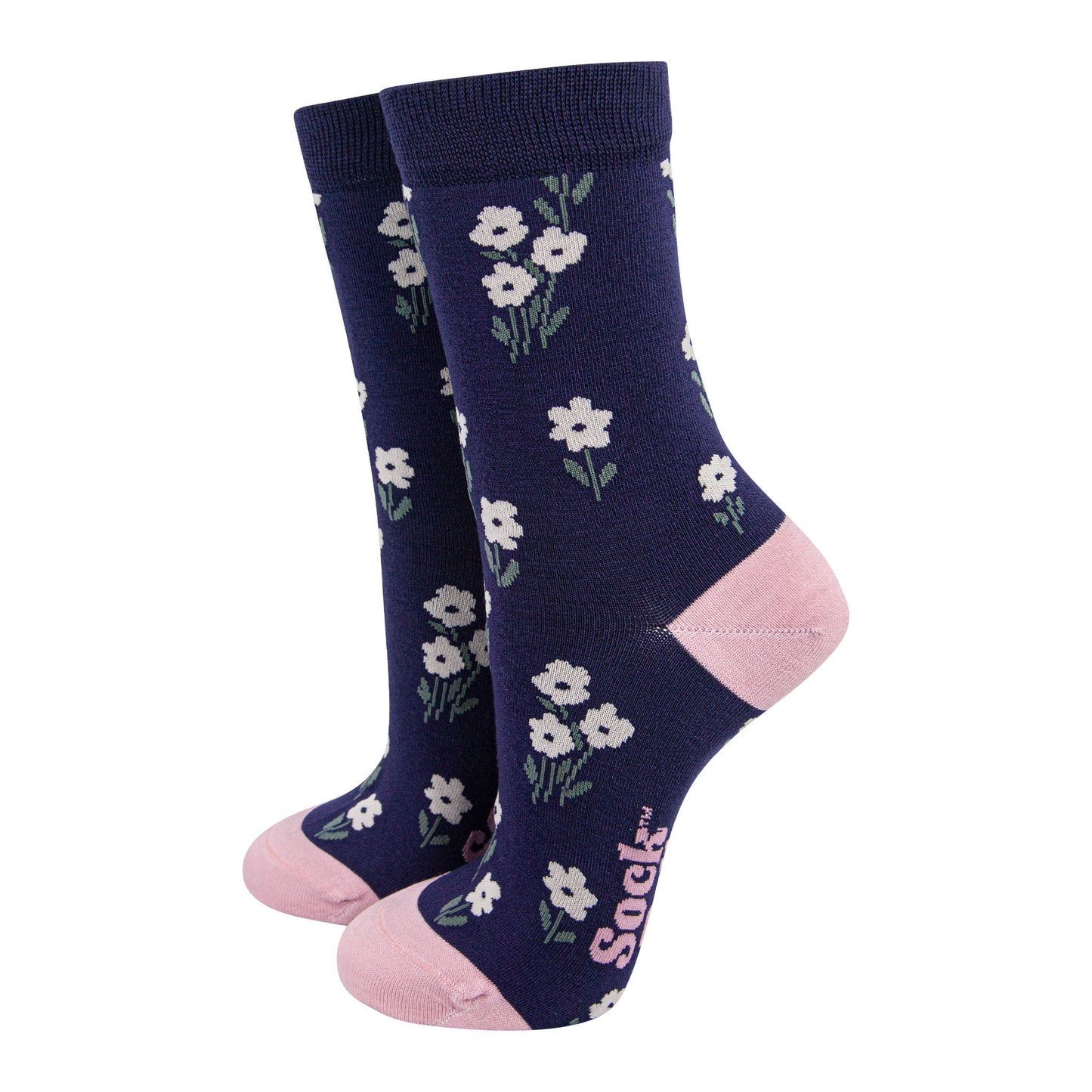 womens-bamboo-socks-navy-blue-dusty-pink-ditsy-floral-print