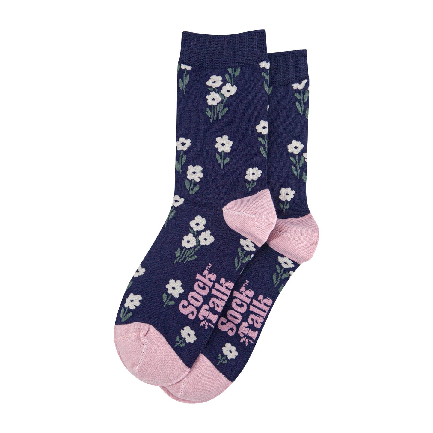 womens-bamboo-socks-navy-blue-dusty-pink-ditsy-floral-laying-flat