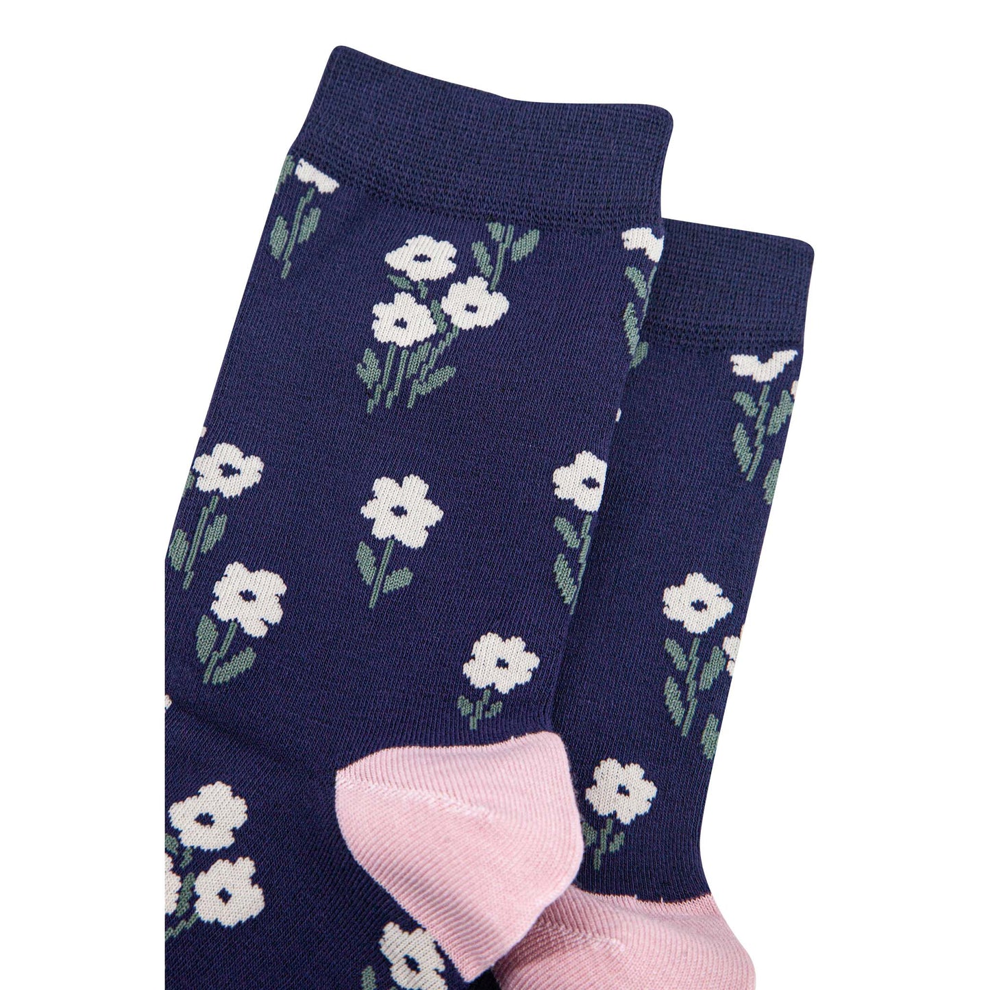 womens-bamboo-socks-navy-blue-dusty-pink-ditsy-floral-close-up