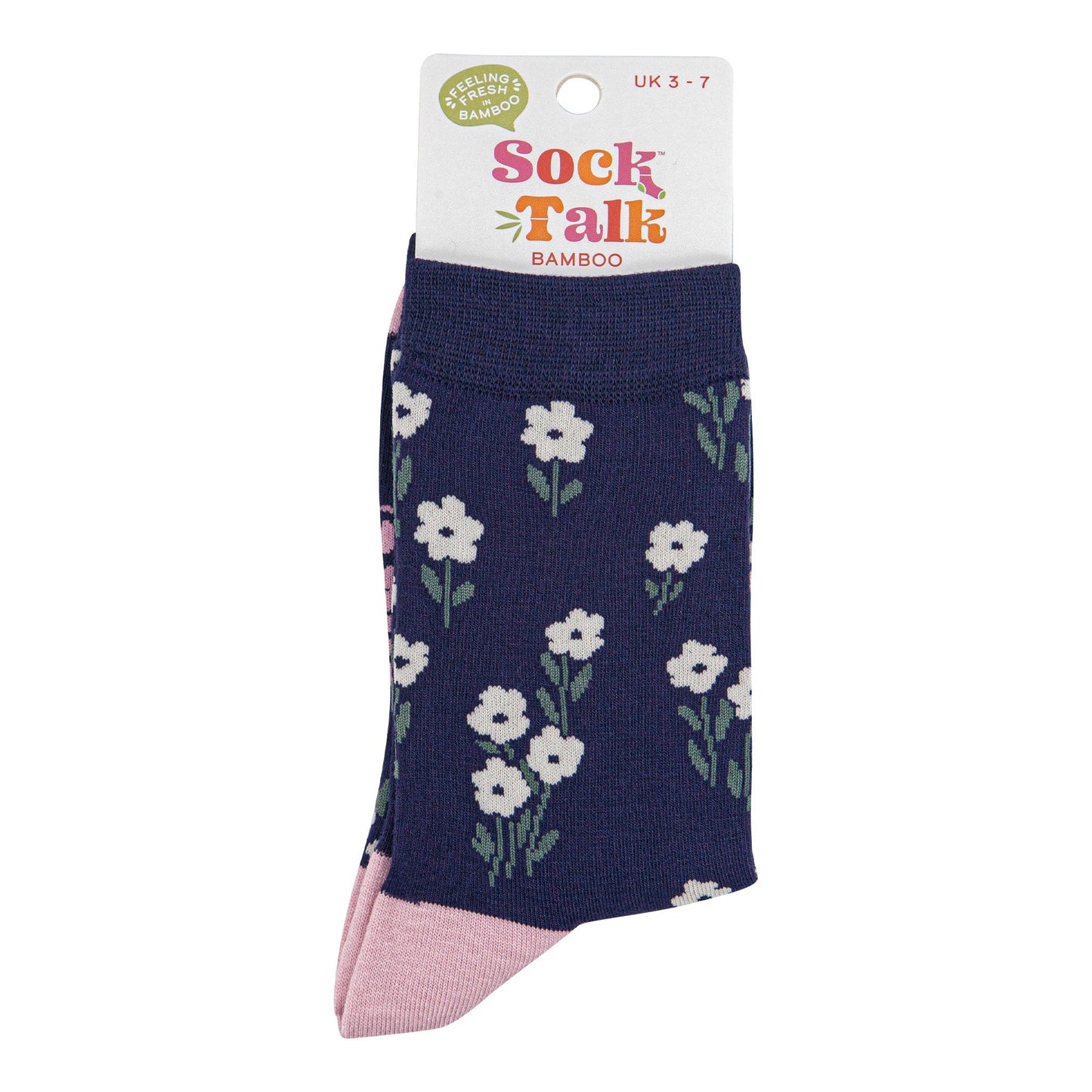womens-bamboo-socks-navy-blue-dusty-pink-ditsy-floral-in-sock-talk-packaging