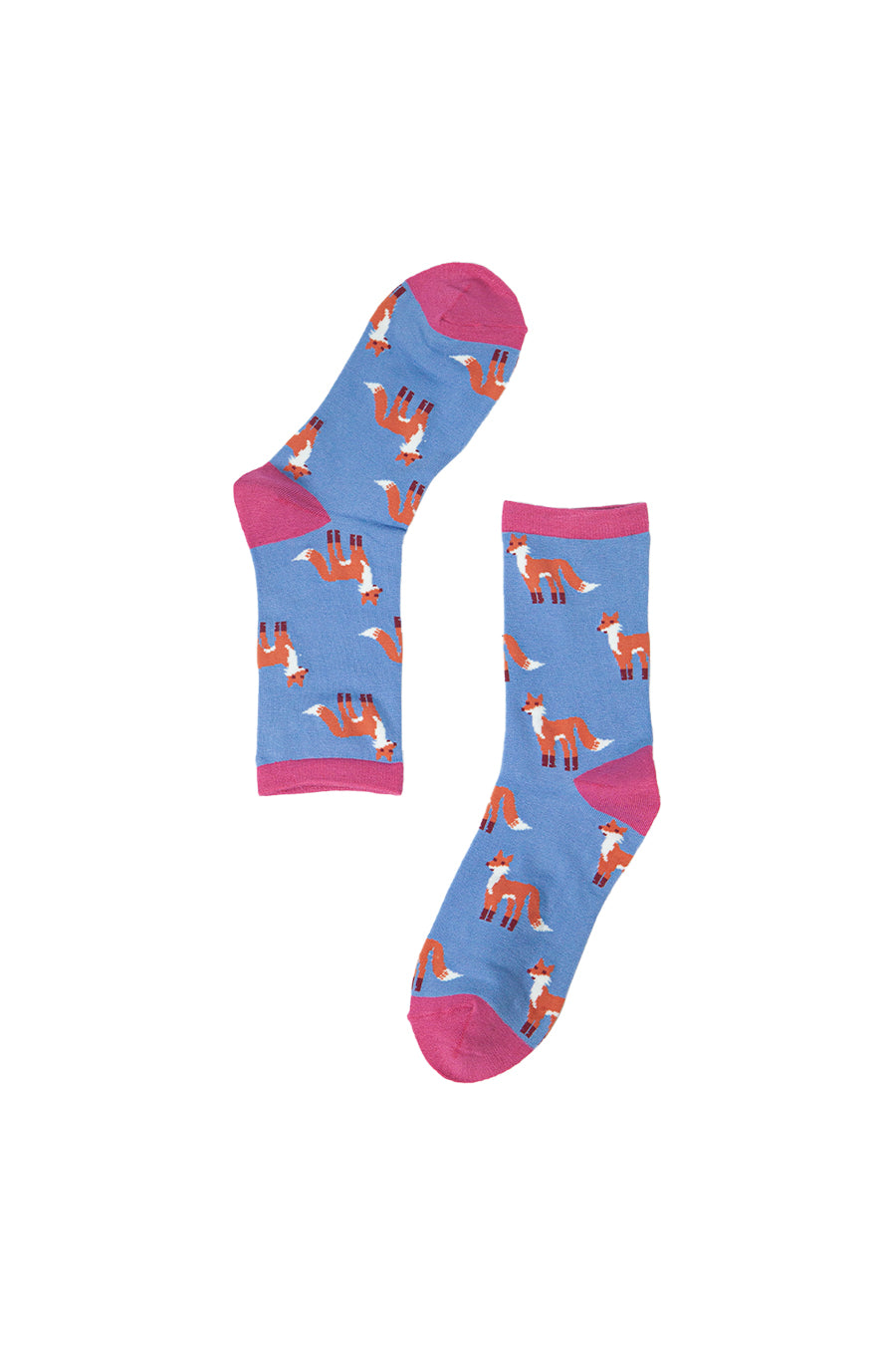 blue, pink socks with an all over fox print