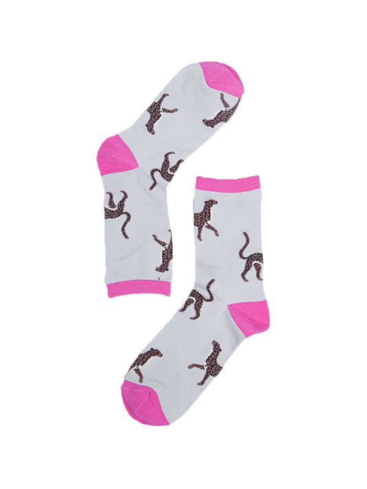 grey, pink bamboo socks with cheetah cats on them