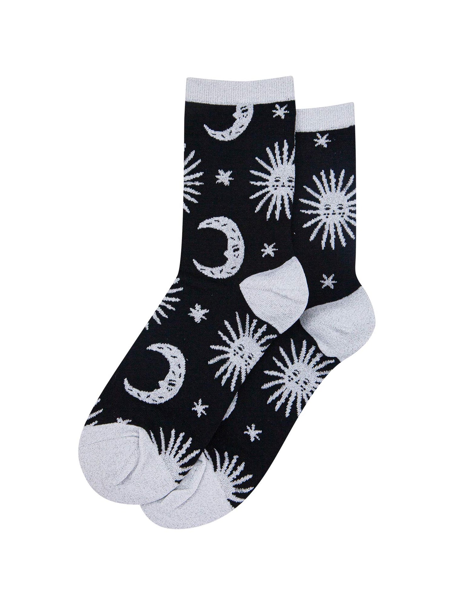 black socks with grey, stars, crescent moons and suns with silver sparkly glitter accents