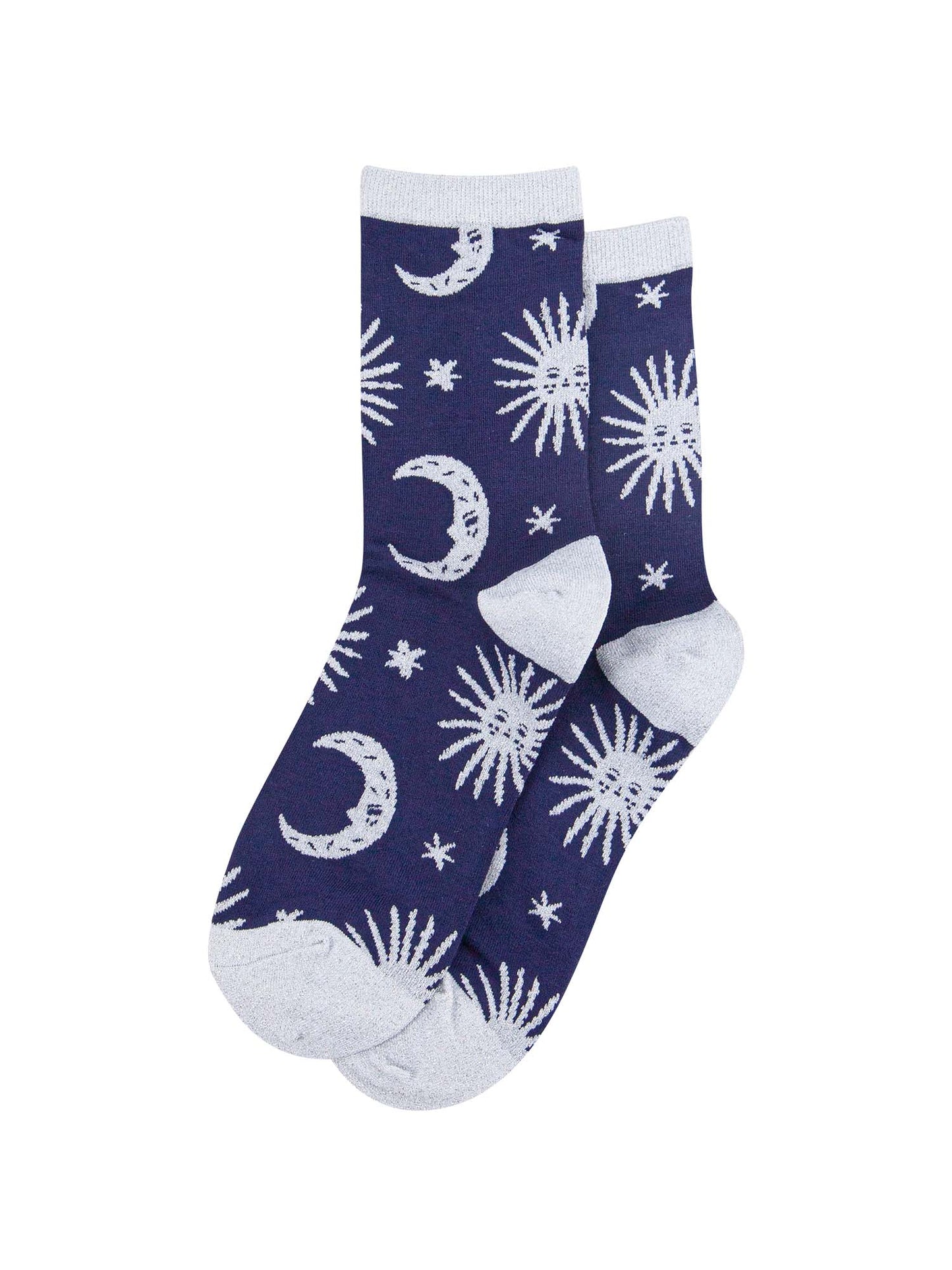 blue socks with grey, stars, crescent moons and suns with silver sparkly glitter accents