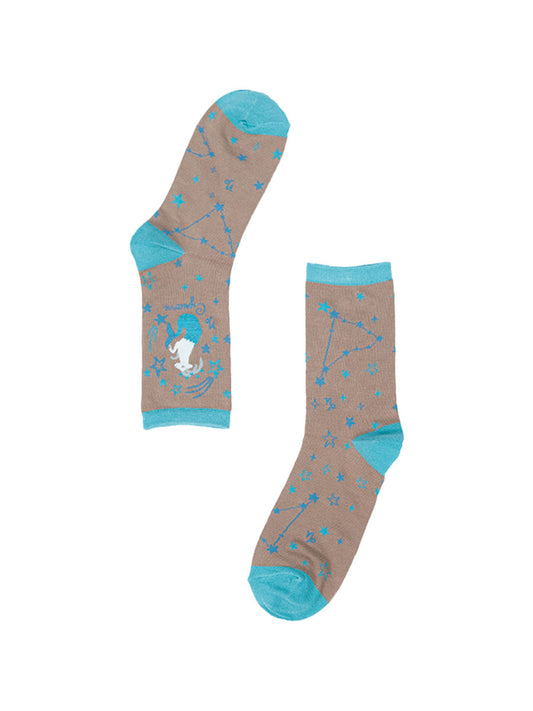 grey, blue bamboo socks with the zodiac sign of capricorn