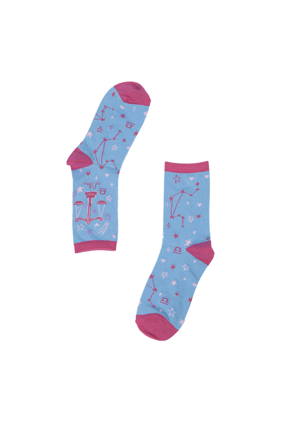 blue, pink bamboo socks with the zodiac sign libra
