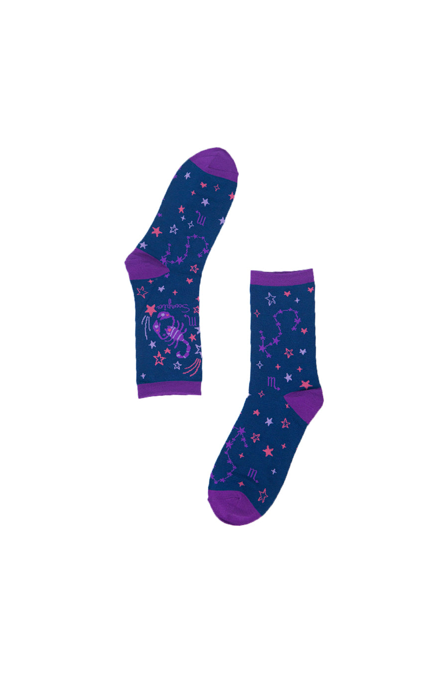 navy blue, purple socks with the zodiac sign scorpio
