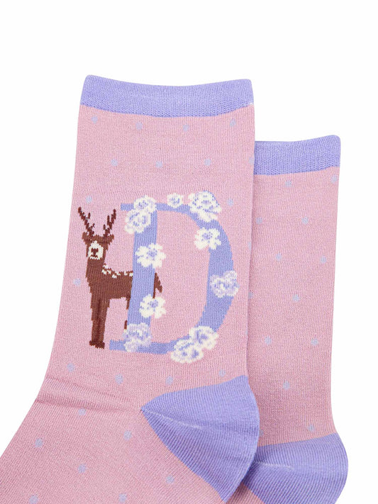 pink, lilac bamboo socks with the initial D