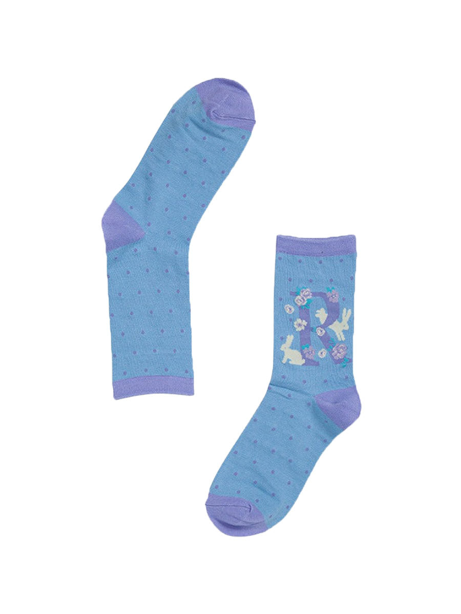 blue, lilac bamboo socks with the initial R