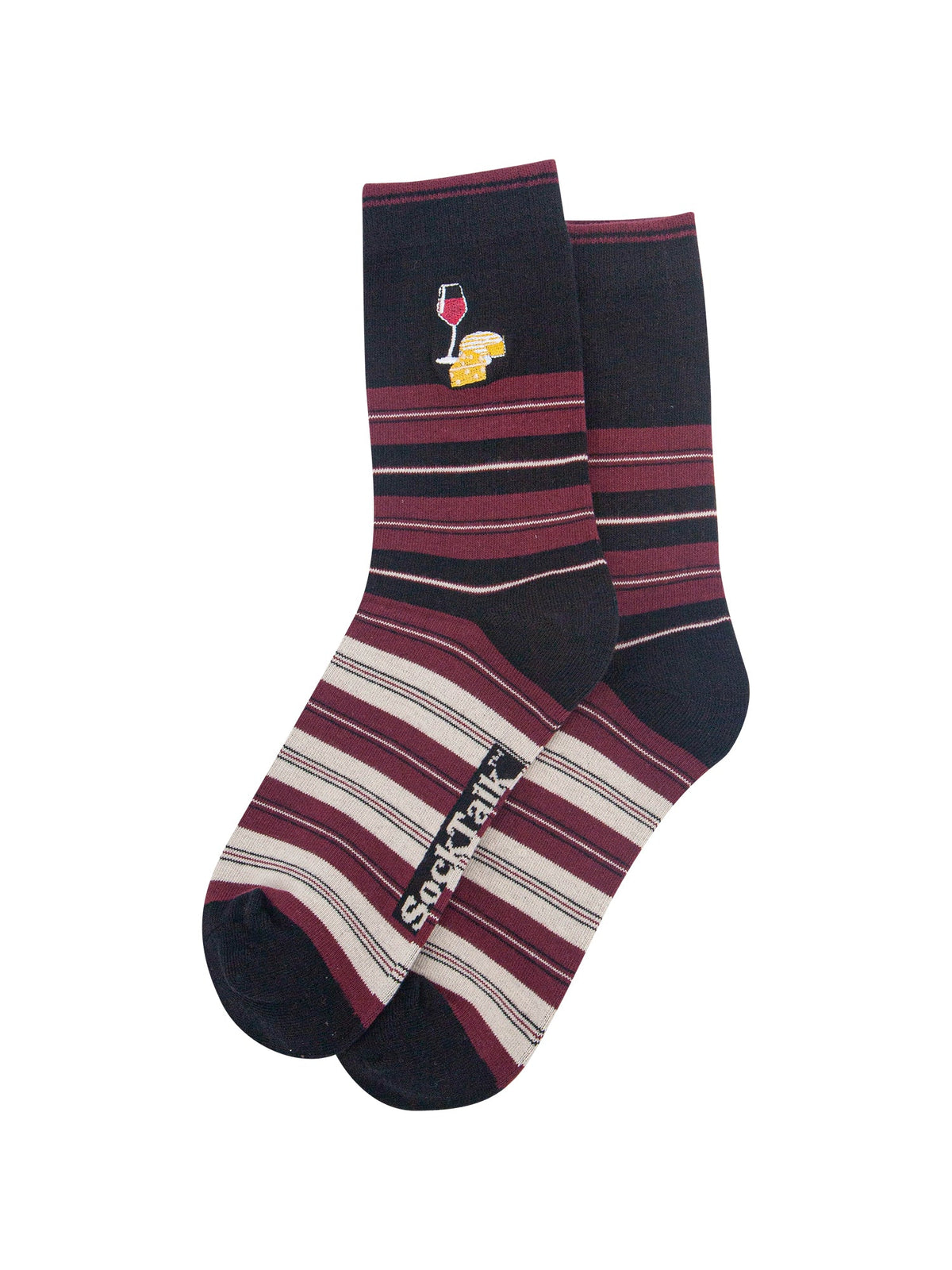 Cheese-&-Wine-Combed-Cotton-Pattern-Embroidered-Socks-in-Black-Laid-Flat