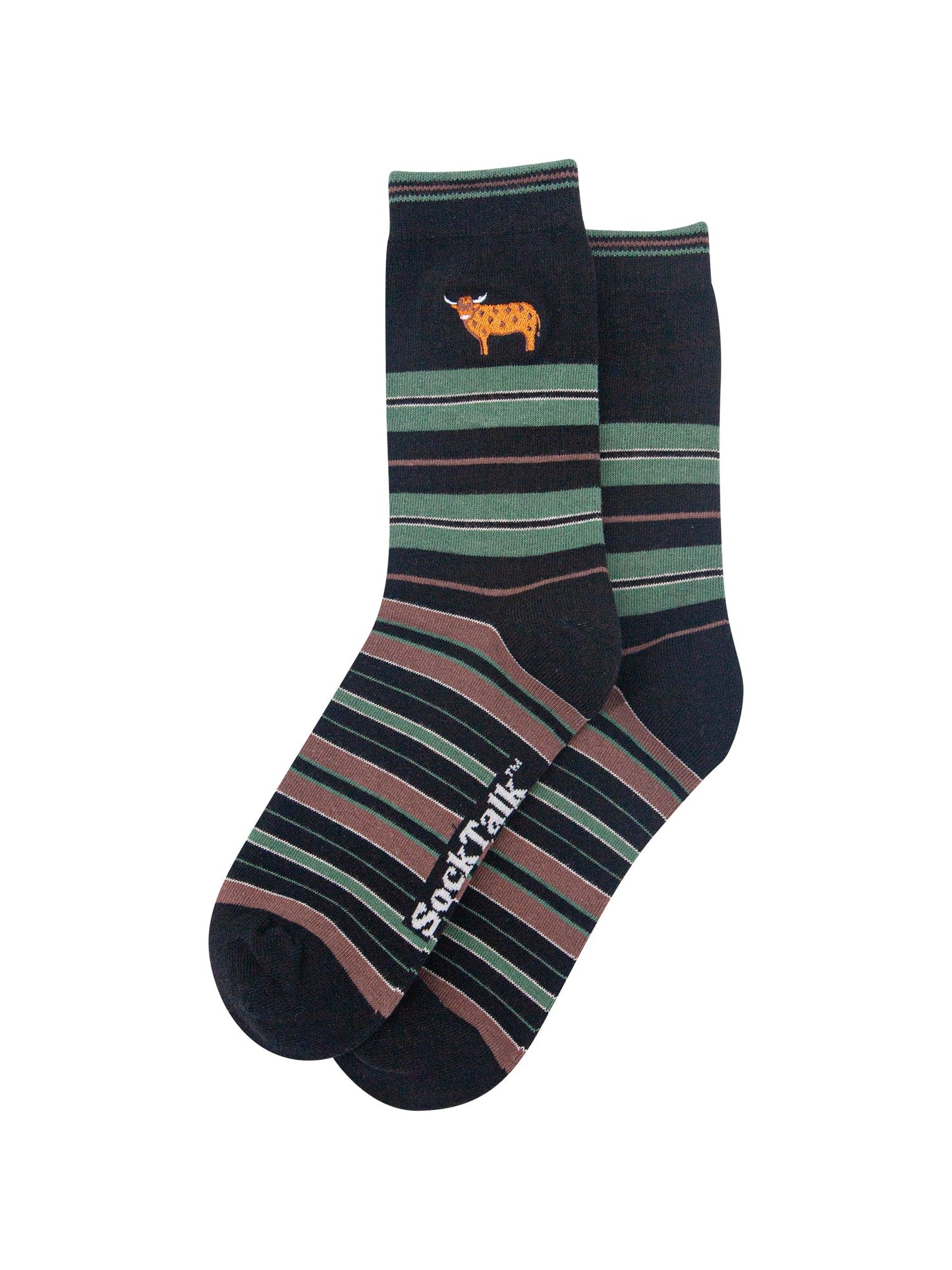 Highland-Cow-Combed-Cotton-Pattern-Embroidered-Socks-in-Black/Sage-Green-Laid-Flat
