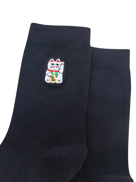 Lucky-Cat-Combed-Cotton-Pattern-Embroidered-Socks-in-Black-Close-Up