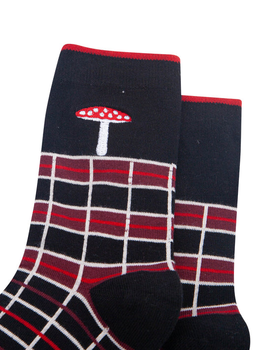 Toadstool-Combed-Cotton-Pattern-Embroidered-Socks-in-Black/Red-Close-Up