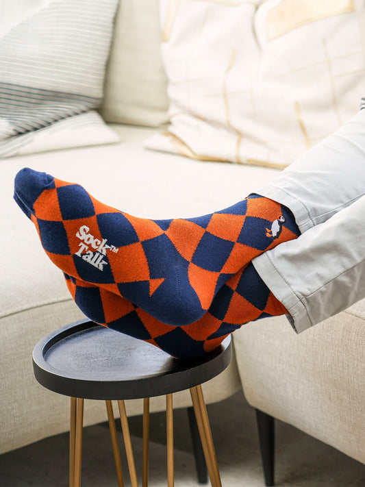 Embroidered-Puffin-Argyle-Combed-Cotton-Socks-in-Navy/Orange