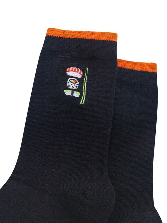 Sushi-Combed-Cotton-Pattern-Embroidered-Socks-in-Black-Close-Up
