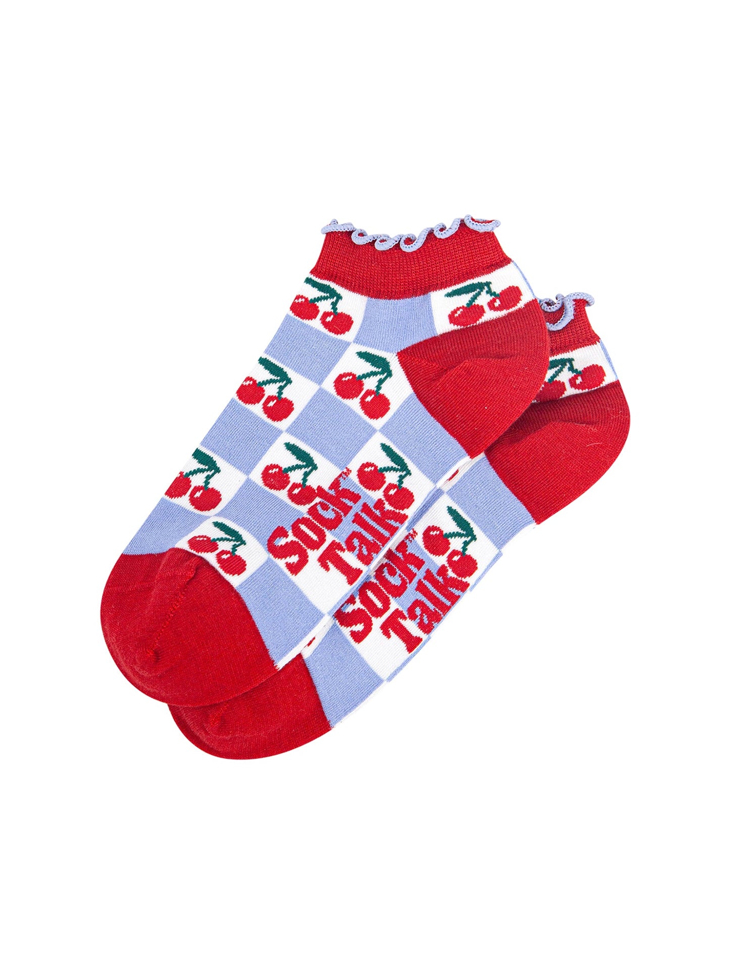 Cherry-Checkerboard-Bamboo-Trainer-Socks-in-Blue-Laid-Flat