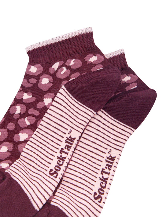 Leopard-Print-Women's-Bamboo-Trainer-Socks-in-Burgundy-Close-Up