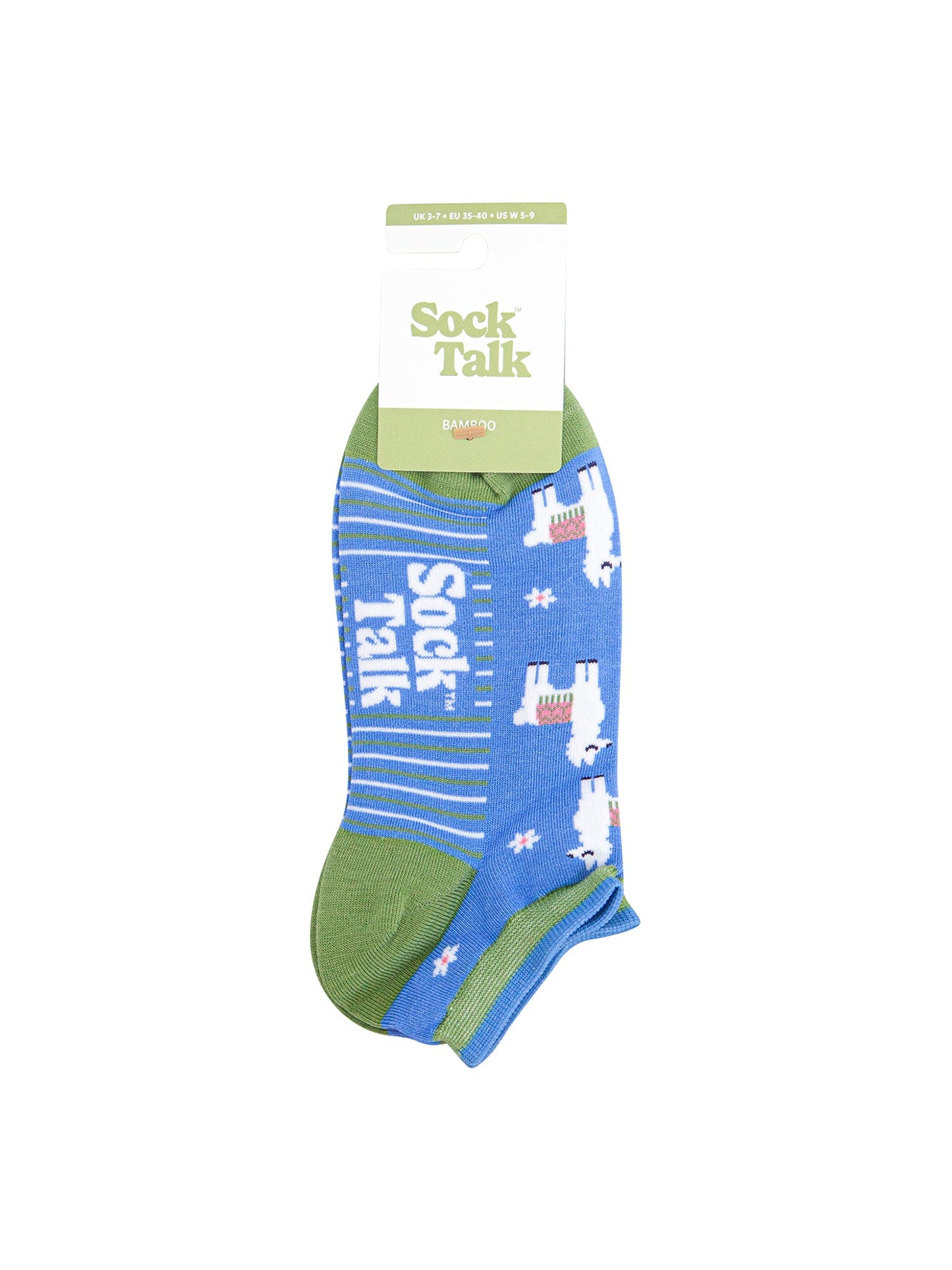 Llama-Floral-Bamboo-Trainer-Socks-in-Blue-In-Packaging