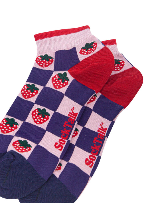 Strawberry-Squares-Women's-Bamboo-Socks-in-Pink/Navy-Blue-Laid-Flat