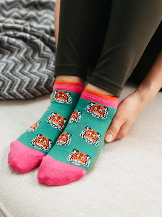 Tiger-Faces-Bamboo-Trainer-Socks-in-Green