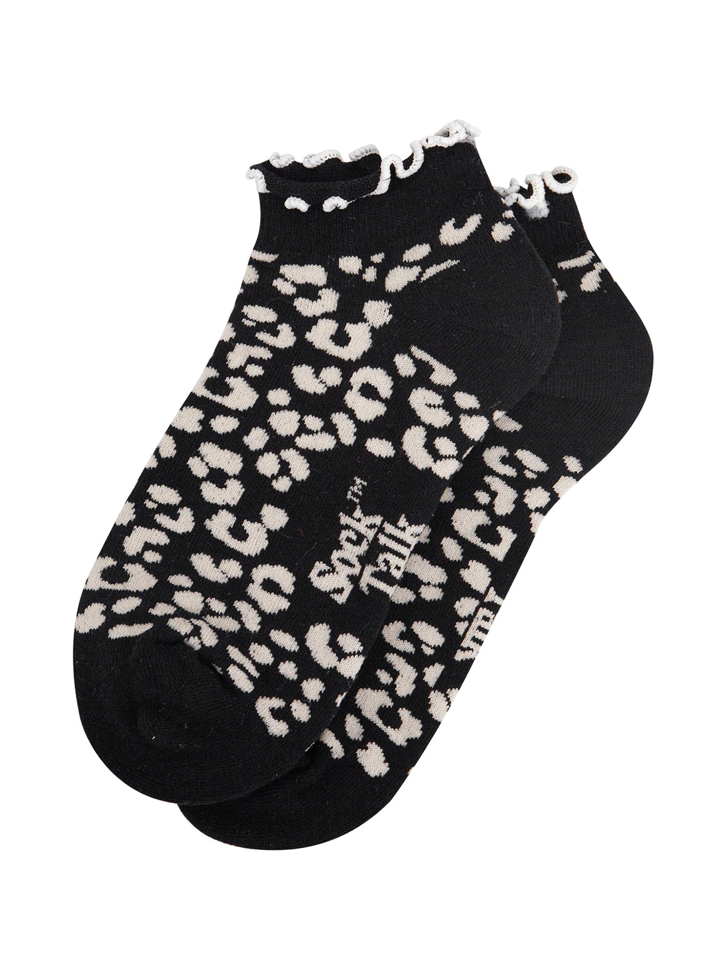 Leopard-Print-Frilled-Cuff-Combed-Cotton-Trainer-Socks-in-Black-Lying-Flat