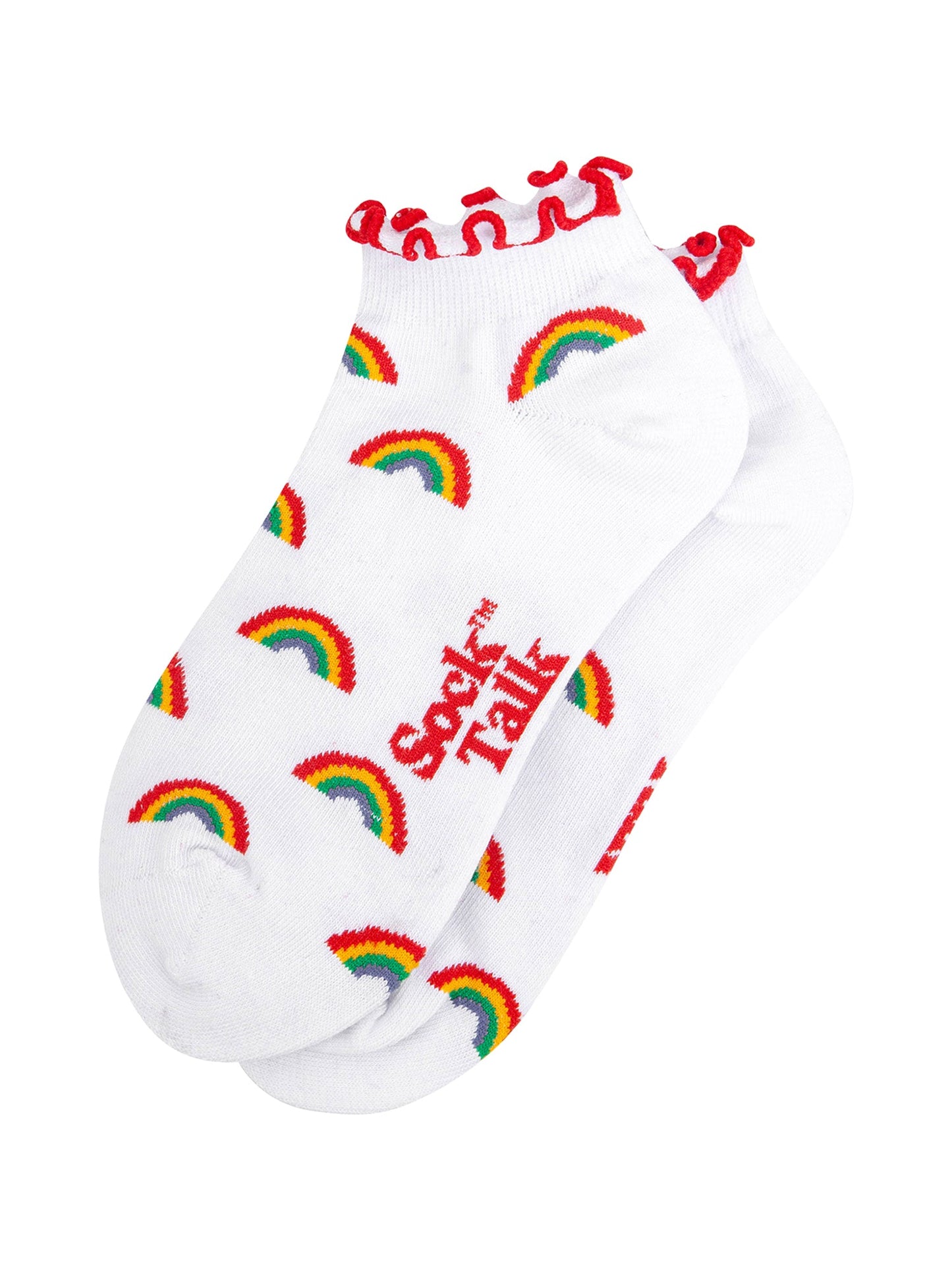 Rainbow-Frilled-Cuff-Combed-Cotton-Trainer-Socks-in-White-Lying-Flat