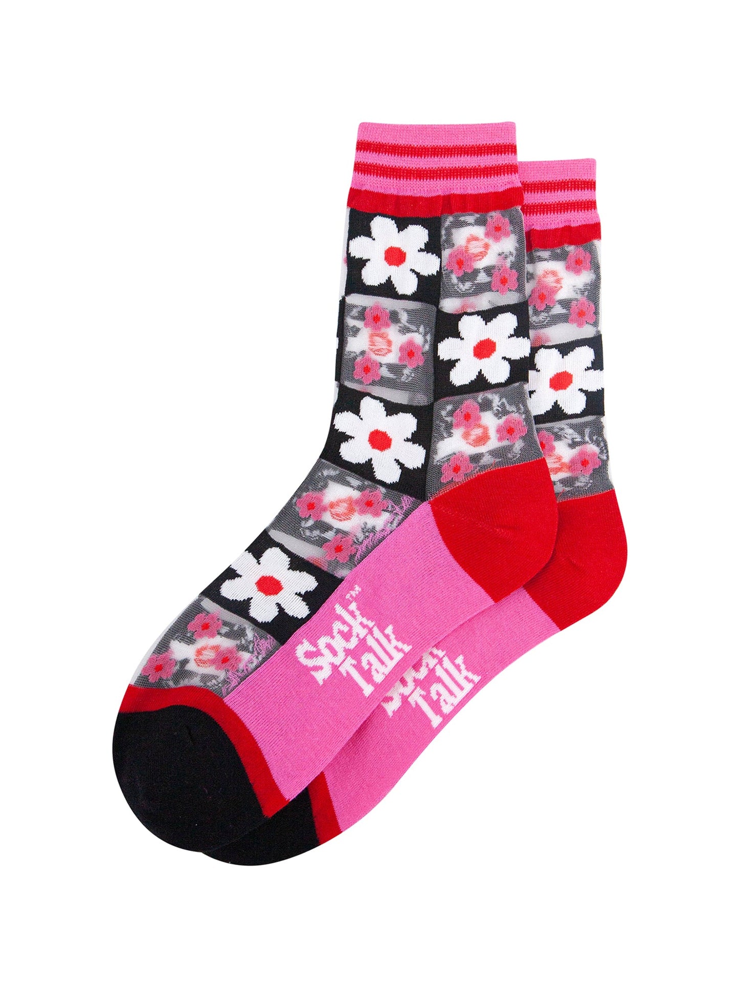 Daisy-Checkerboard-Combed-Cotton-Sheer-Pop-Socks-in-Pink-Lying-Flat