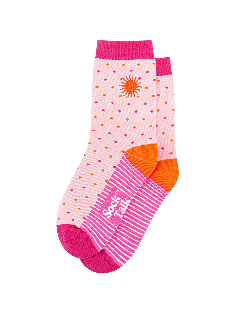 Embroidered-Sun-Spotted-Combed-Cotton-Socks-in-Pink-Lying-Flat