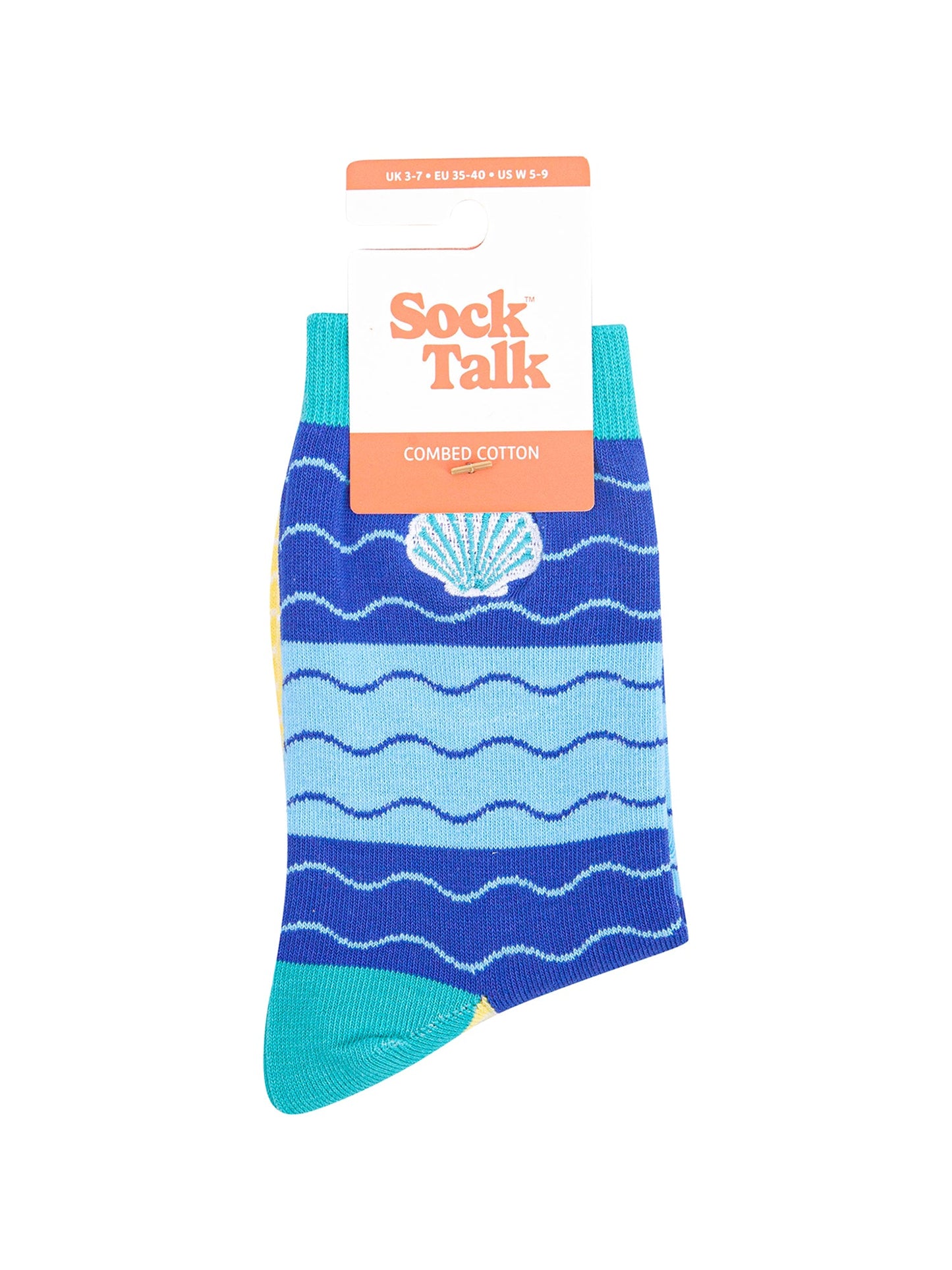 Embroidered-Scallop-Shell-Combed-Cotton-Socks-in-Blue-In-Packaging