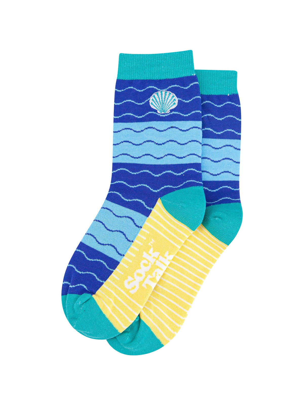 Embroidered-Scallop-Shell-Combed-Cotton-Socks-in-Blue-Lying-Flat