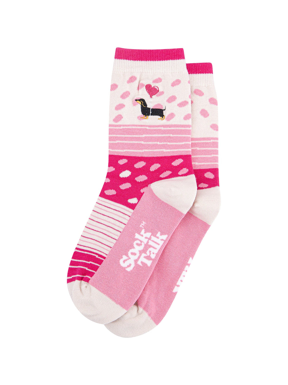 Embroidered-Sausage-Dog-Heart-Balloon-Combed-Cotton-Socks-in-Pink-Lying-Flat