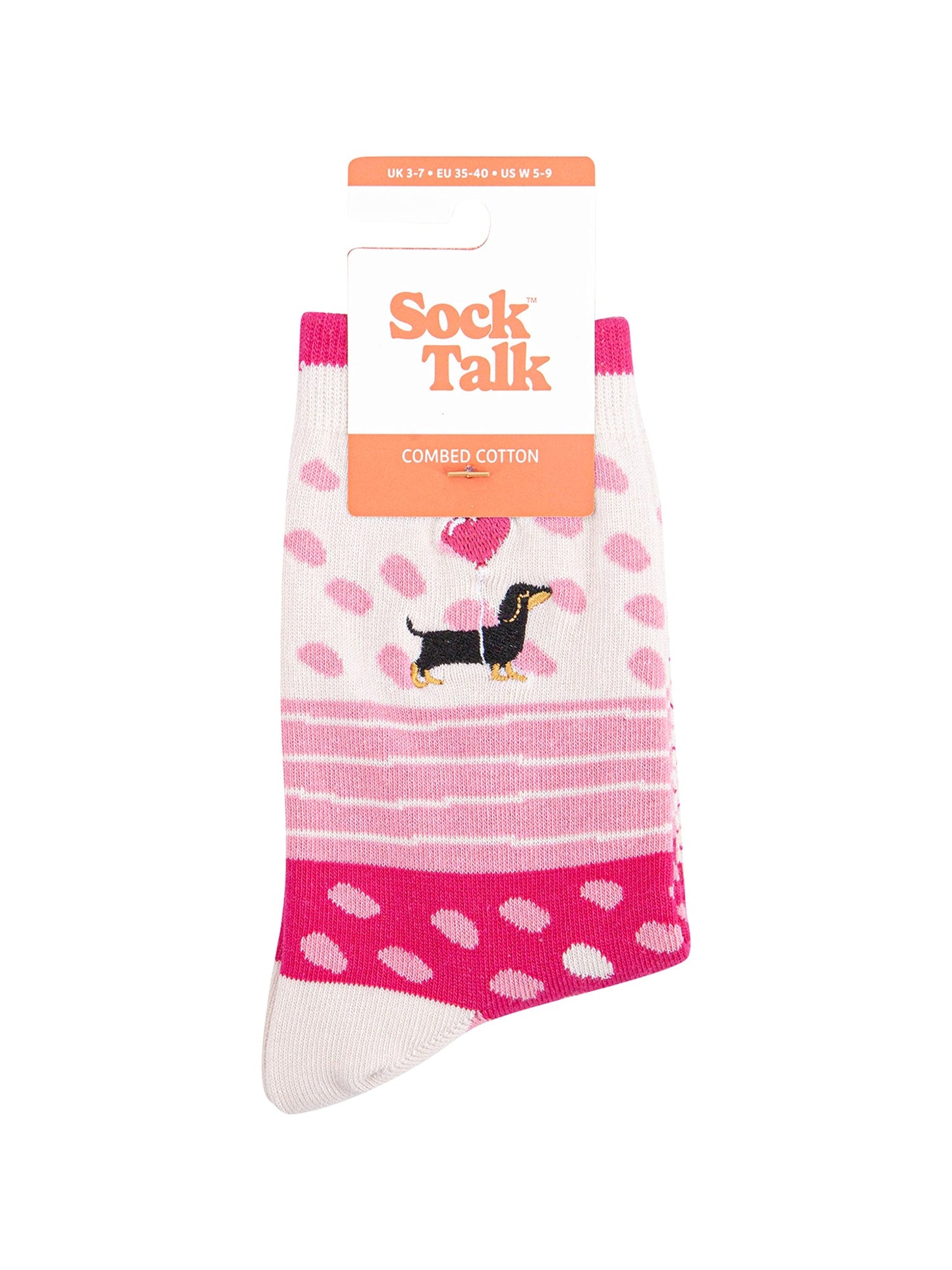 Embroidered-Sausage-Dog-Heart-Balloon-Combed-Cotton-Socks-in-Pink-In-Packaging